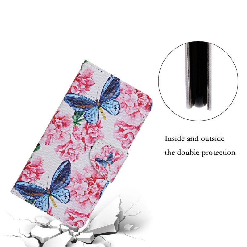 Fodral Samsung Galaxy S22 Ultra 5G Butterflies Floral Lanyard