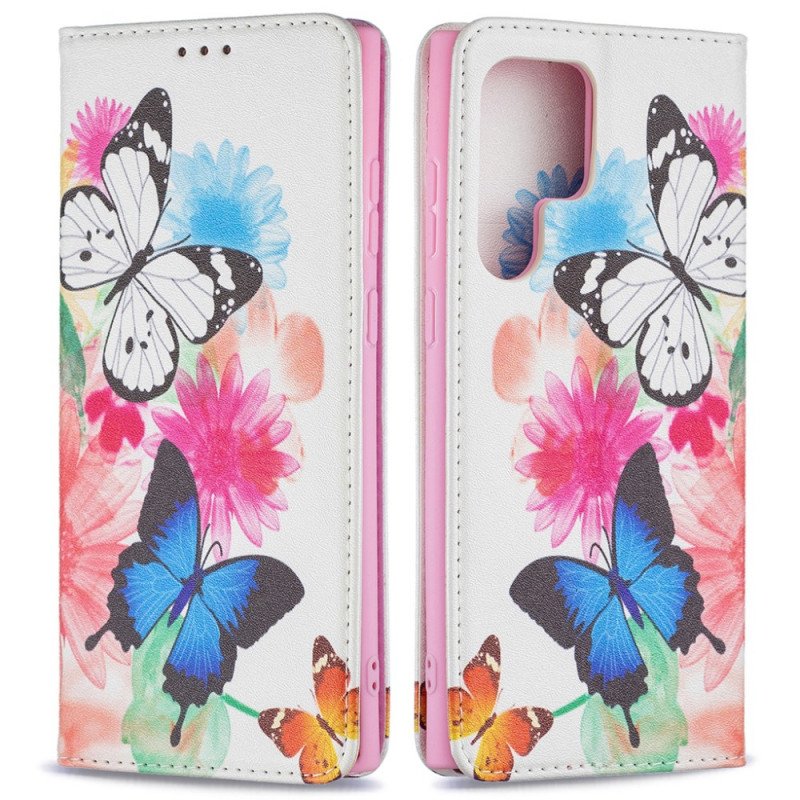 Fodral Samsung Galaxy S22 Ultra 5G Målade Fjärilar Och Blommor