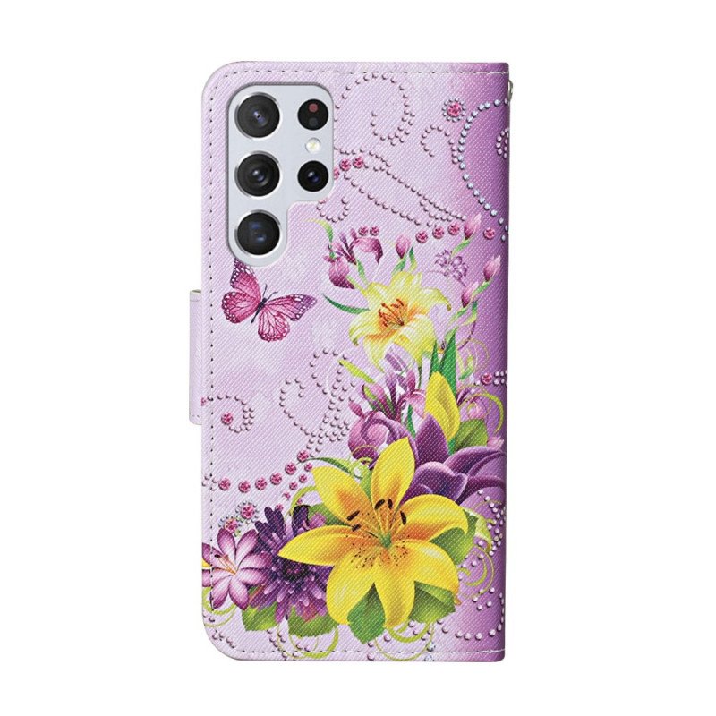 Folio-fodral Samsung Galaxy S22 Ultra 5G Mästerliga Blommor Med Rem