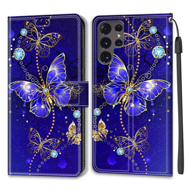 Folio-fodral Samsung Galaxy S22 Ultra 5G Med Kedjar Strap Butterflies Fan