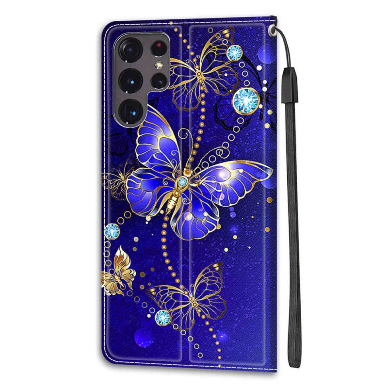 Folio-fodral Samsung Galaxy S22 Ultra 5G Med Kedjar Strap Butterflies Fan