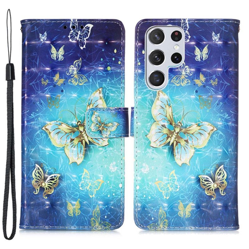 Läderfodral Samsung Galaxy S22 Ultra 5G Golden Butterflies Lanyard