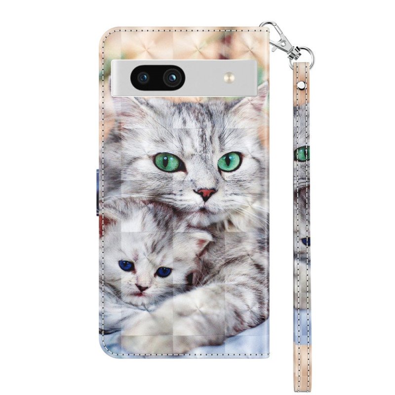 Läderfodral Google Pixel 7A Med Kedjar Strappy Cat Family