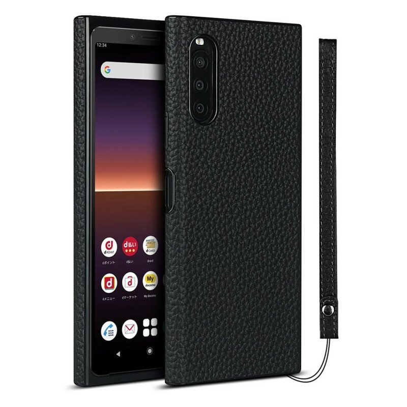 Mobilskal Sony Xperia 10 II Äkta Litchi-läder Med Rem